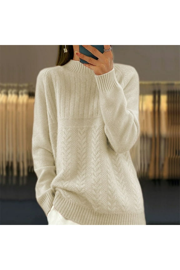 MSJbahu Knitted Cozy Womens Sweaters Beige Crew Neck Chenille Solid Long Sleeve Pullover Sweaters for Teen Work