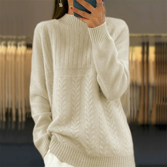 MSJbahu Winter Womens Sweaters Beige Knitted Long Sleeve Solid Crew Neck Chenille Pullover Sweaters for Teen