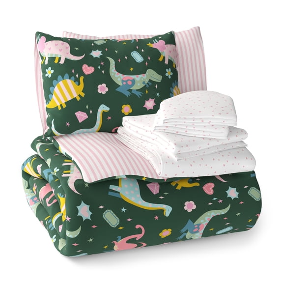 Mainstays Kids Dino Gems Reversible Comforter Set with Sheets, Full, 7 Pieces