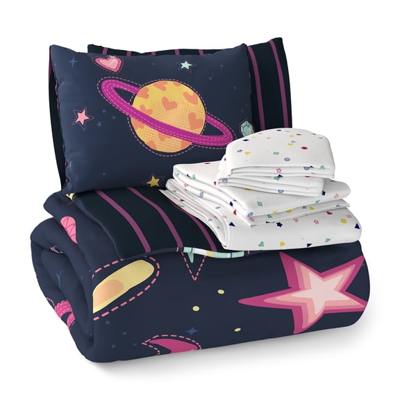 Mainstays Kids Space Gems Glow in the Dark Reversible Comforter Set with Sheets, Full, 7 Pieces