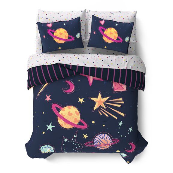 Mainstays Kids Space Gems Glow in the Dark Reversible Comforter Set with Sheets, Full, 7 Pieces