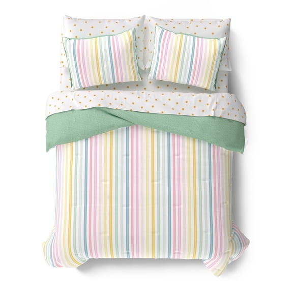 Mainstays Kids Rainbow Stripe Reversible Comforter Set with Sheets, Full, 7 Pieces