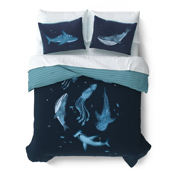 Mainstays Kids Ocean Reversible Comforter Set with Sheets, Full, 7 Pieces