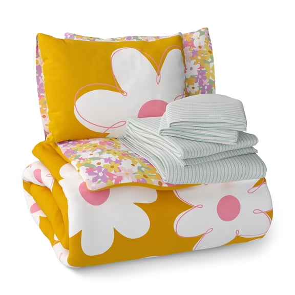 Mainstays Kids Daisy Reversible Comforter Set with Sheets, Full, 7 Pieces