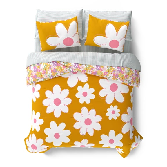 Mainstays Kids Daisy Reversible Comforter Set with Sheets, Full, 7 Pieces