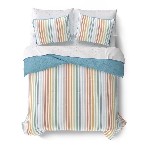 Mainstays Kids Vintage Stripe Reversible Comforter Set with Sheets, Full, 7 Pieces