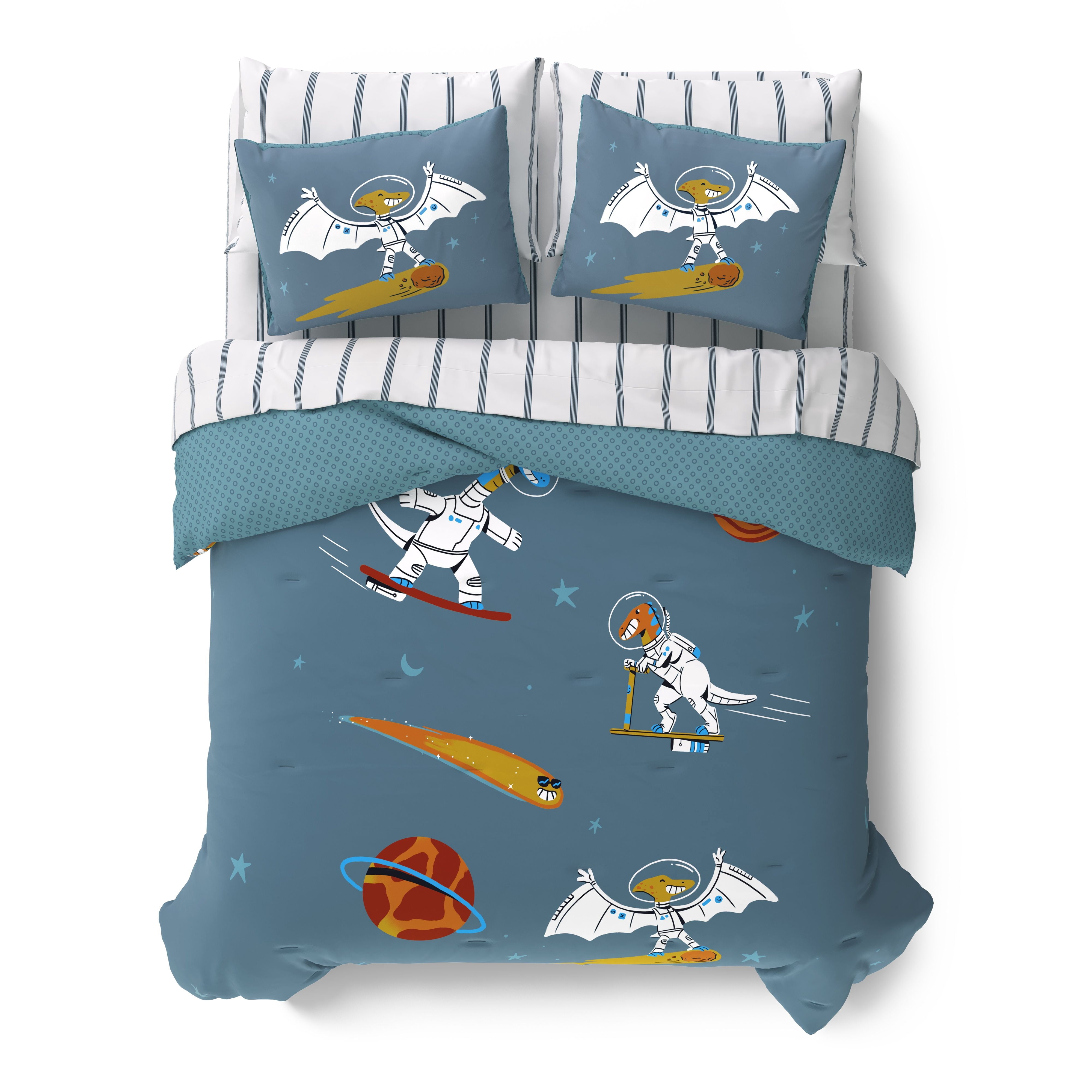 Mainstays Kids Glow in the Dark Space Dino Reversible Comforter Set with Sheets, Full, 7 Pieces