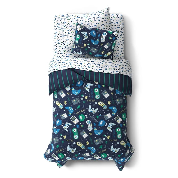 Mainstays Kids Glow in the Dark Gamer Reversible Comforter Set with Sheets, Twin, 5 Pieces