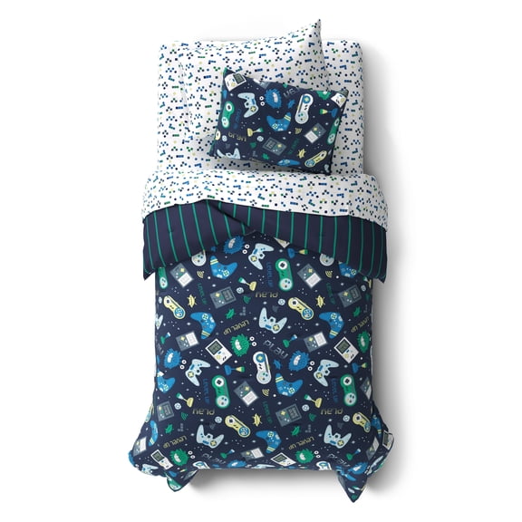 Mainstays Kids Glow in the Dark Gamer Reversible Comforter Set with Sheets, Twin, 5 Pieces