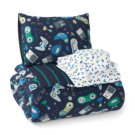 Mainstays Kids Glow in the Dark Gamer Reversible Comforter Set with Sheets, Twin, 5 Pieces