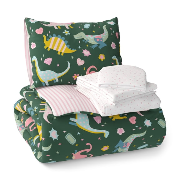 Mainstays Kids Dino Gems Reversible Comforter Set with Sheets, Twin, 5 Pieces
