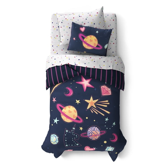 Mainstays Kids Space Gems Glow in the Dark Reversible Comforter Set with Sheets, Twin, 5 Pieces