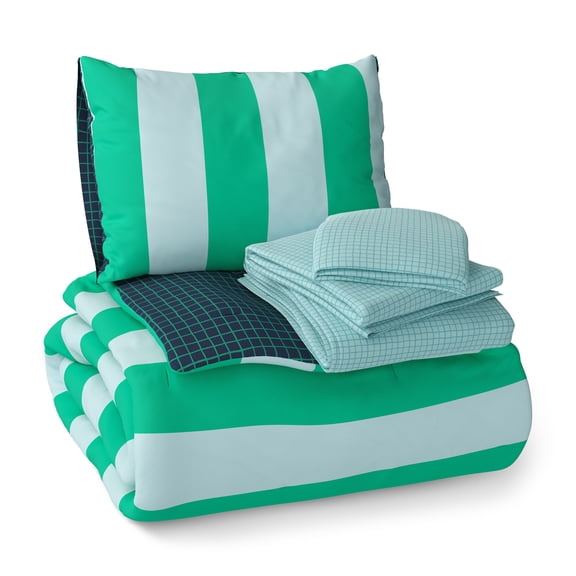 Mainstays Kids Green and Blue Stripe Reversible Comforter Set with Sheets, Twin, 5 Pieces