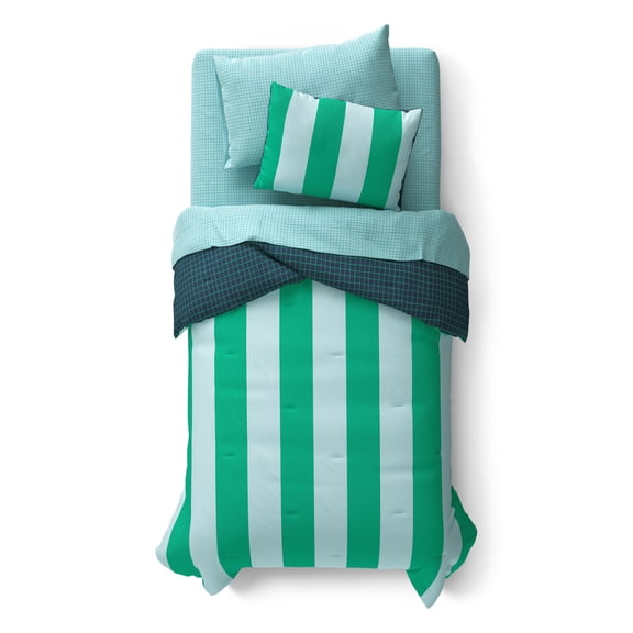 Mainstays Kids Green and Blue Stripe Reversible Comforter Set with Sheets, Twin, 5 Pieces