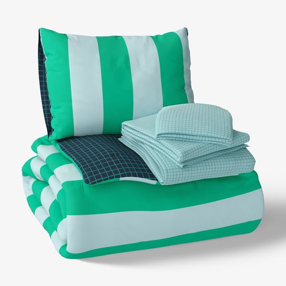 Mainstays Kids Green and Blue Stripe Reversible Comforter Set with Sheets, Twin, 5 Pieces