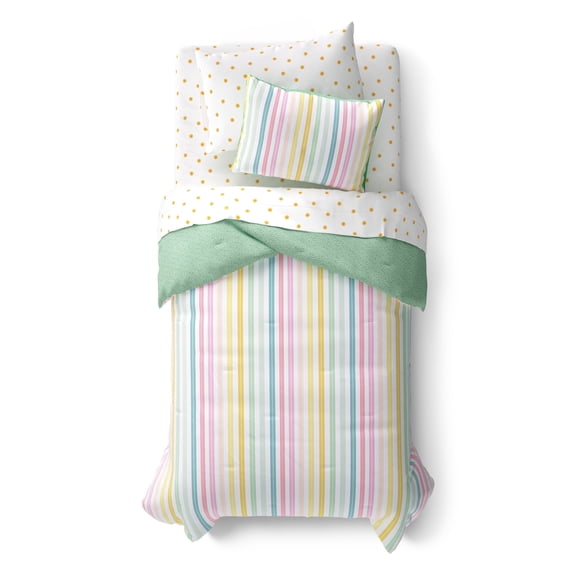 Mainstays Kids Rainbow Stripe Reversible Comforter Set with Sheets, Twin, 5 Pieces
