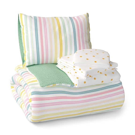 Mainstays Kids Rainbow Stripe Reversible Comforter Set with Sheets, Twin, 5 Pieces