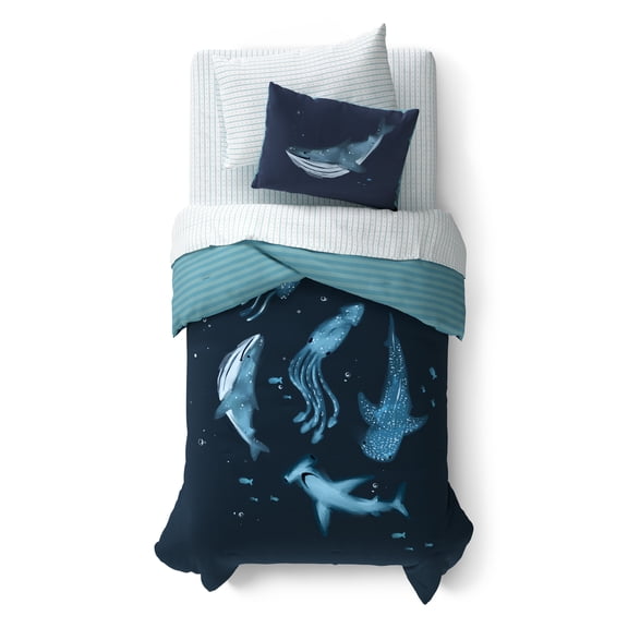 Mainstays Kids Ocean Reversible Comforter Set with Sheets, Twin, 5 Pieces