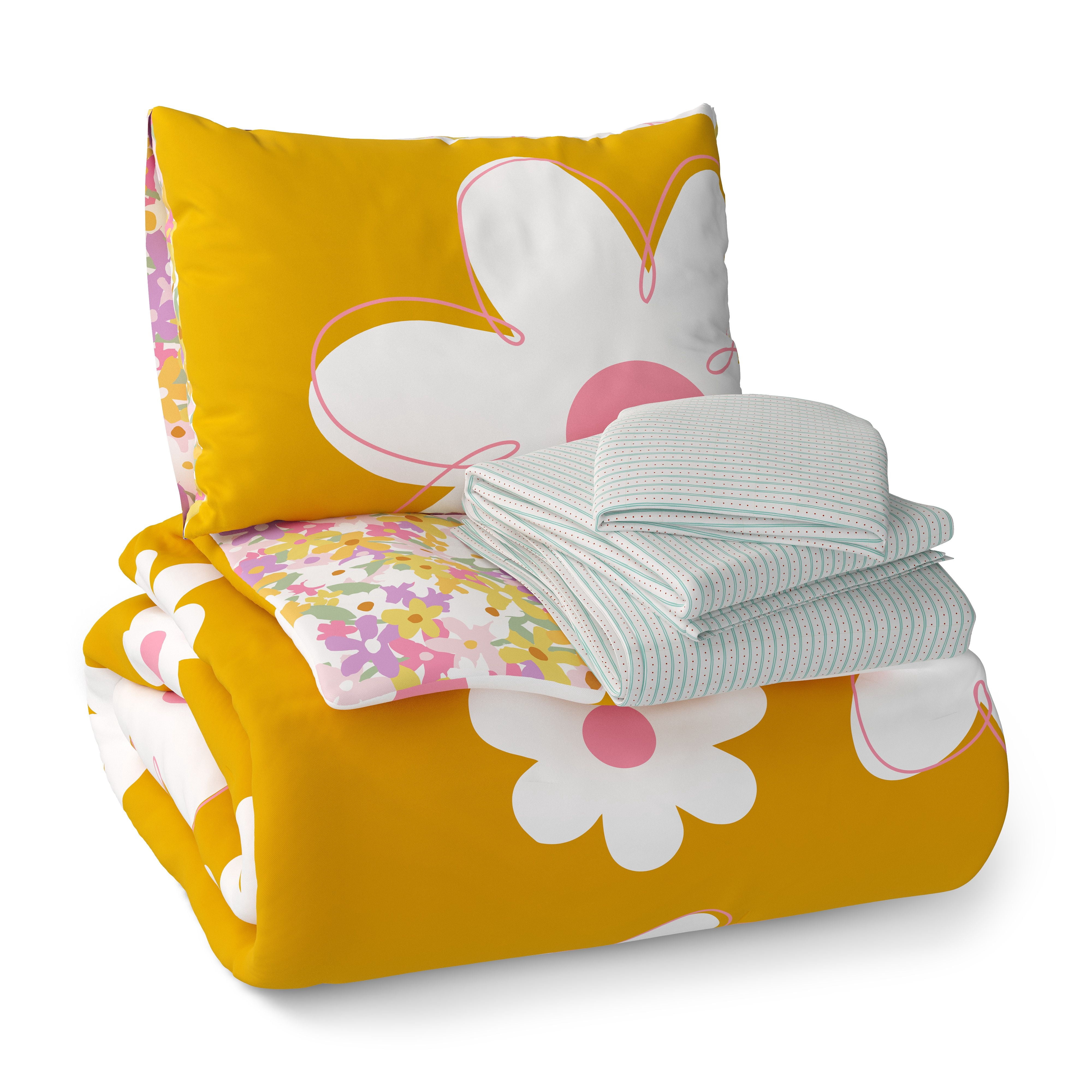 Mainstays Kids Daisy Reversible Comforter Set with Sheets, Twin, 5