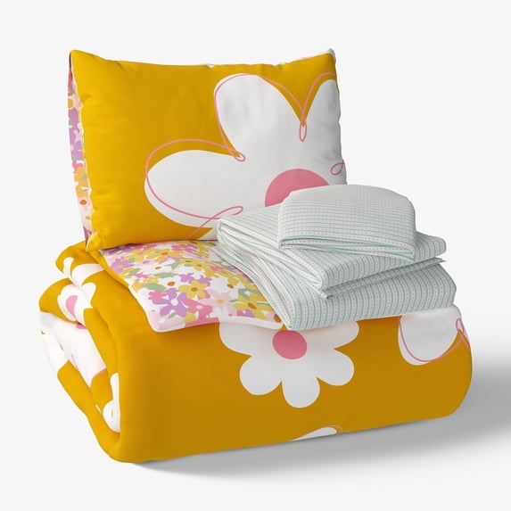 Mainstays Kids Daisy Reversible Comforter Set with Sheets, Twin, 5 Pieces