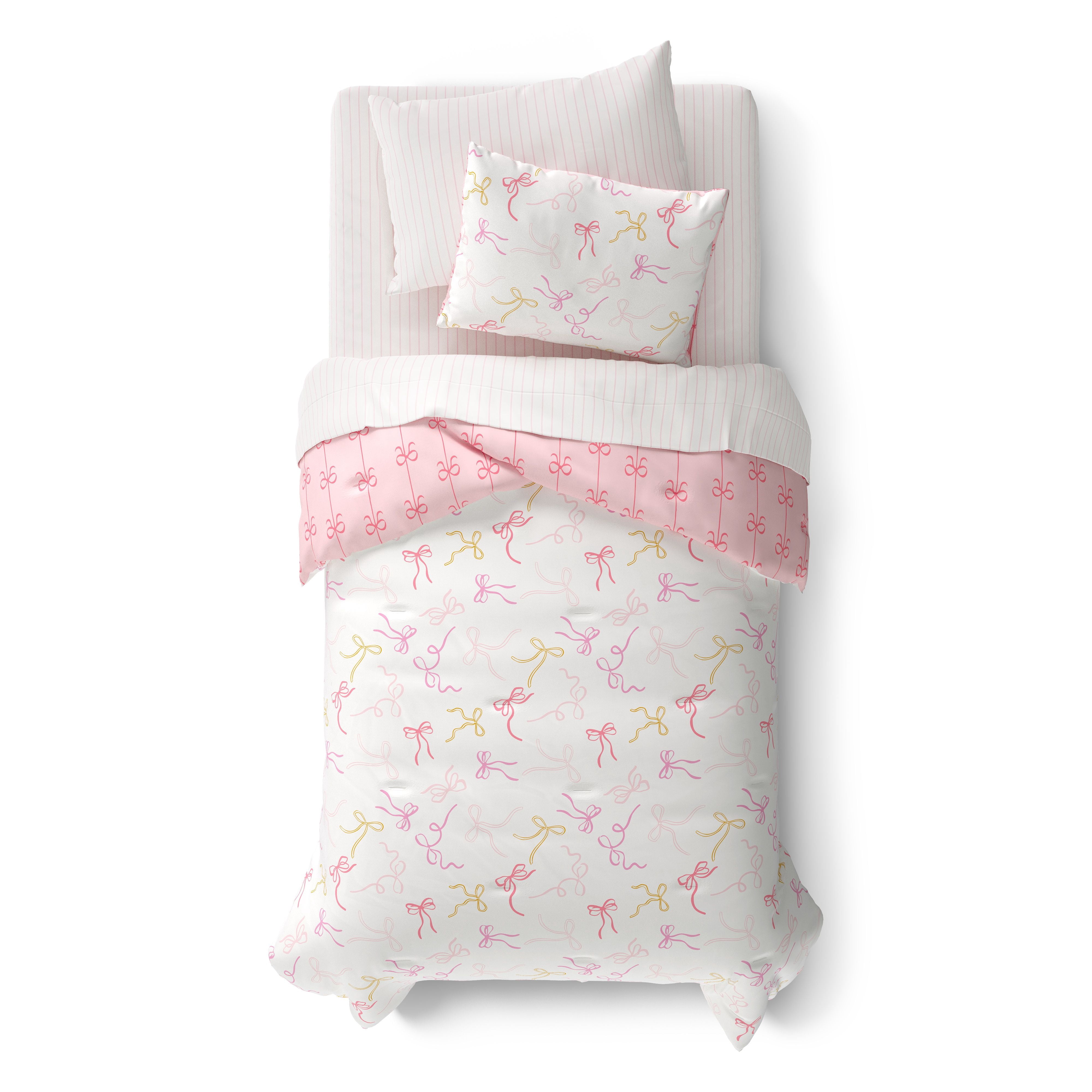 Mainstays Kids Bows Reversible Comforter Set with Sheets, Twin, 5 Pieces