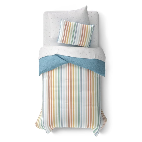 Mainstays Kids Reversible Comforter Set with Sheets, Vintage Stripe, Twin, 5 Pieces