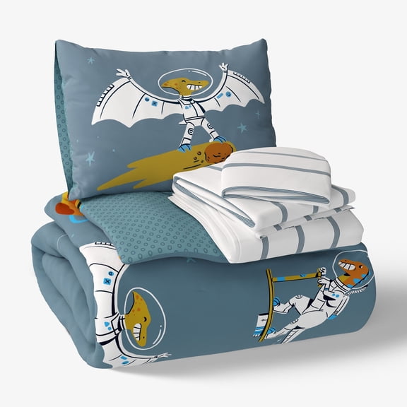 Mainstays Kids Glow in the Dark Space Dino Reversible Comforter Set with Sheets, Twin, 5 Pieces