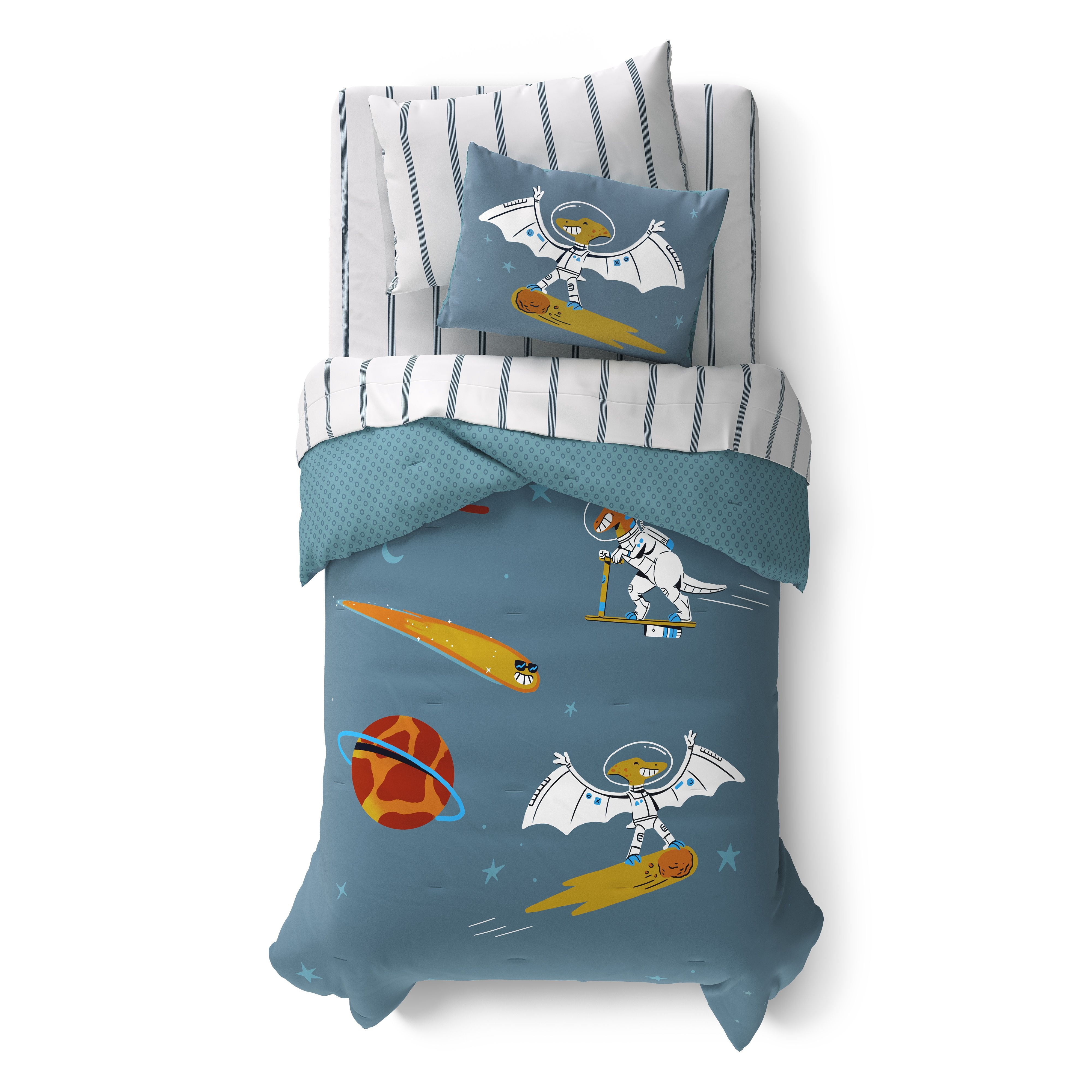 Mainstays Kids Glow in the Dark Space Dino Reversible Comforter Set with Sheets, Twin, 5 Pieces