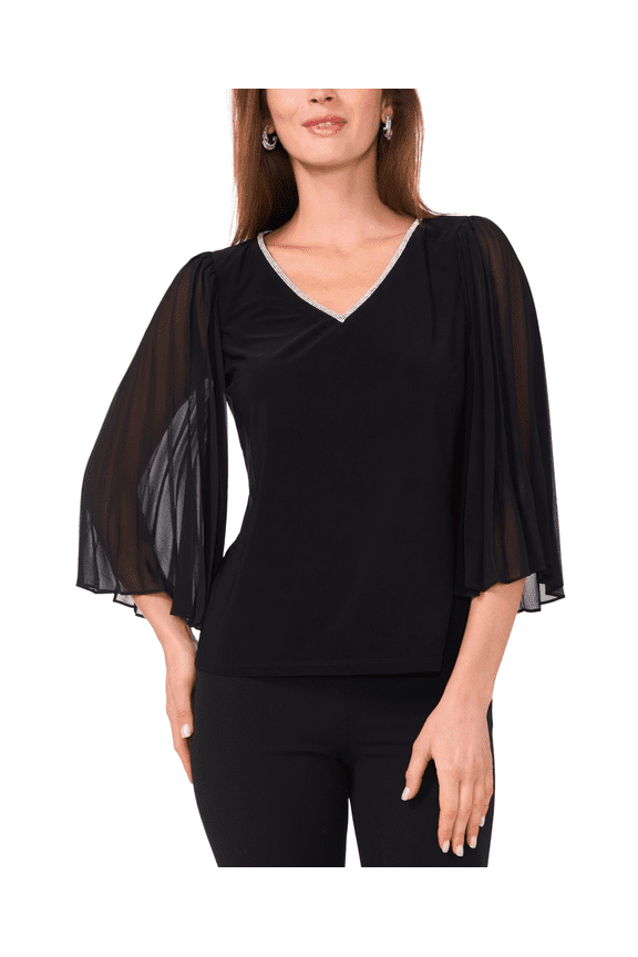 BLACK Women's Rhinestone-Trim Flutter-Sleeve Top, US X-Large