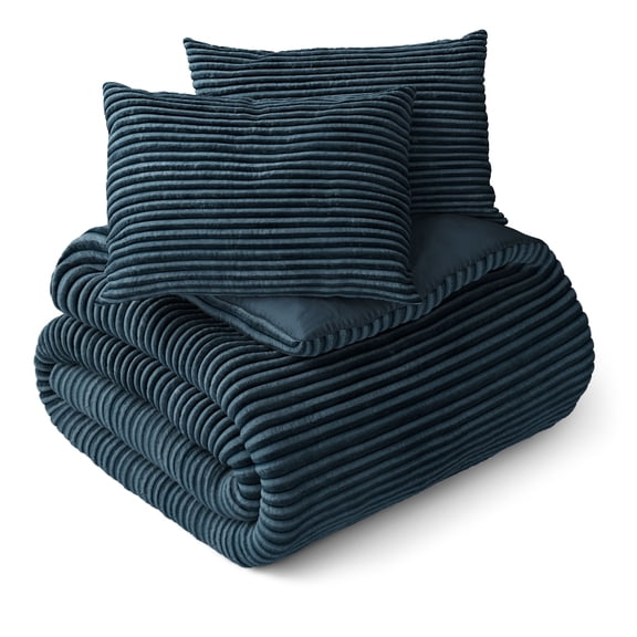 Mainstays Kids Dark Blue Solid Plush Ribbed Corduroy Comforter Set, Full/Queen, 3 Pieces
