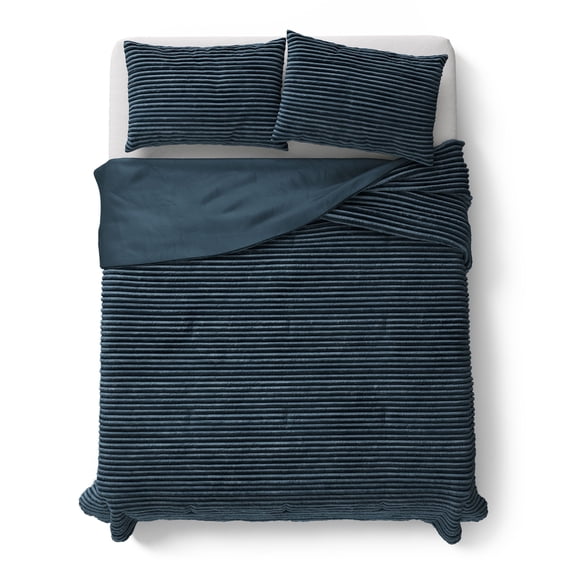 Mainstays Kids Dark Blue Solid Plush Ribbed Corduroy Comforter Set, Full/Queen, 3 Pieces