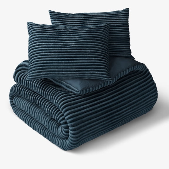Mainstays Kids Dark Blue Solid Plush Ribbed Corduroy Comforter Set, Full/Queen, 3 Pieces