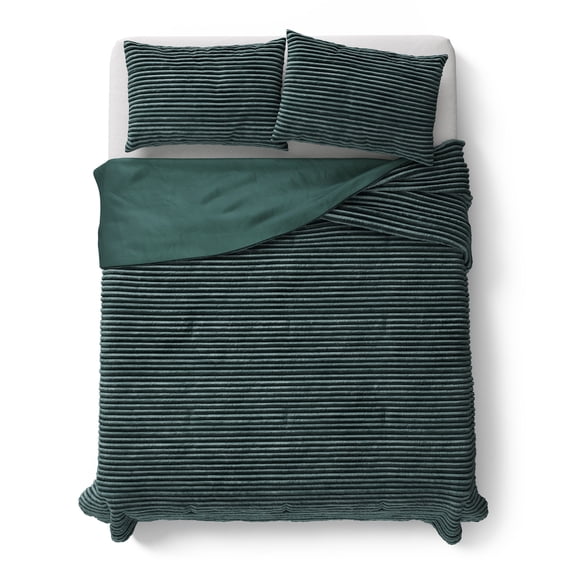 Mainstays Kids Dark Green Solid Plush Ribbed Corduroy Comforter Set, Full/Queen, 3 Pieces