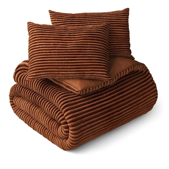 Mainstays Kids Orange Solid Plush Ribbed Corduroy Comforter Set, Full/Queen, 3 Pieces