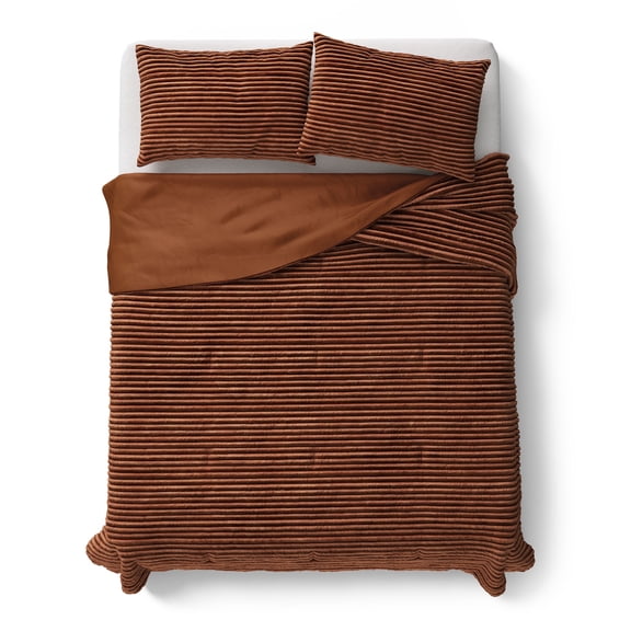 Mainstays Kids Orange Solid Plush Ribbed Corduroy Comforter Set, Full/Queen, 3 Pieces