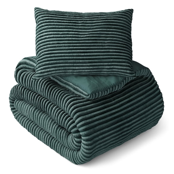 Mainstays Kids Dark Green Solid Plush Ribbed Corduroy Comforter Set, Twin, 2 Pieces