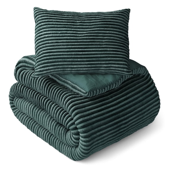 Mainstays Kids Dark Green Solid Plush Ribbed Corduroy Comforter Set, Twin, 2 Pieces