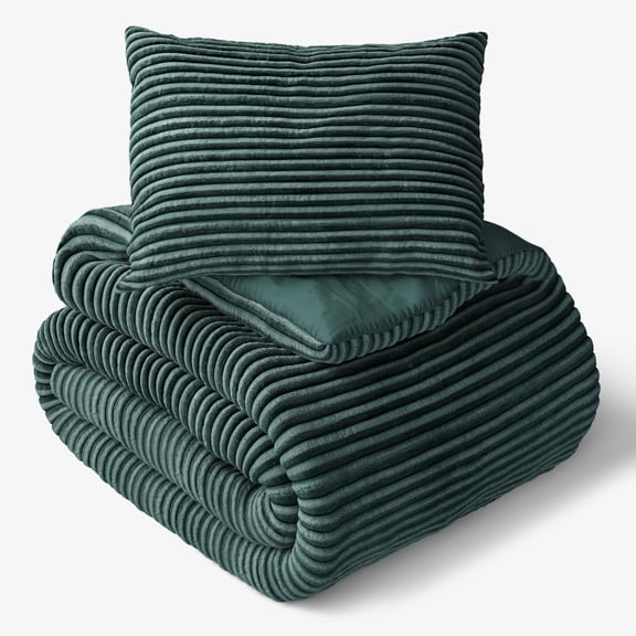 Mainstays Kids Dark Green Solid Plush Ribbed Corduroy Comforter Set, Twin, 2 Pieces