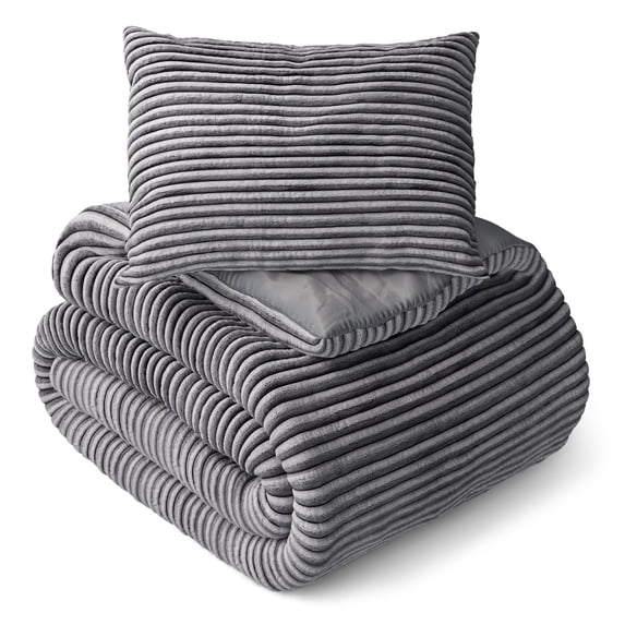 Mainstays Kids Gray Solid Plush Ribbed Corduroy Comforter Set, Twin, 2 Pieces