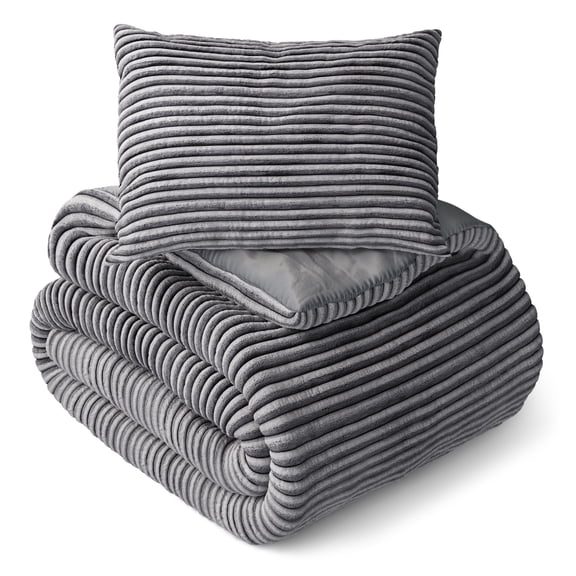 Mainstays Kids Gray Solid Plush Ribbed Corduroy Comforter Set, Twin, 2 Pieces