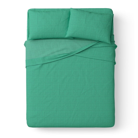 Mainstays Kids 100% Cotton Percale Bed Sheet Set, Full, Green Grid, 4 Pieces