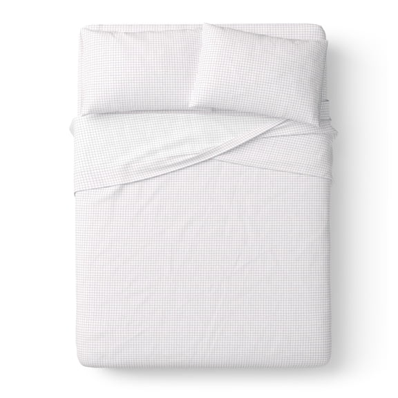 Mainstays Kids 100% Cotton Percale Bed Sheet Set, Full, White Grid, 4 Pieces