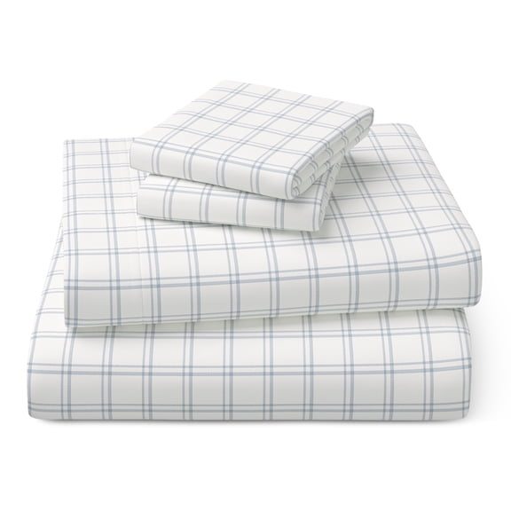 Mainstays Kids 100% Cotton Percale Bed Sheet Set, Queen, Plaid, 4 Pieces