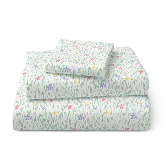 Mainstays Kids 100% Cotton Percale Bed Sheet Set, Twin, Meadow, 3 Pieces