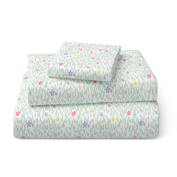 Mainstays Kids 100% Cotton Percale Bed Sheet Set, Twin, Meadow, 3 Pieces