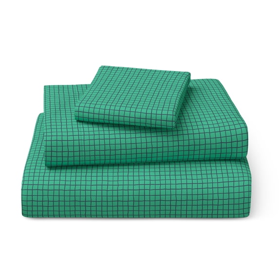 Mainstays Kids 100% Cotton Percale Bed Sheet Set, Twin, Green Grid, 3 Pieces