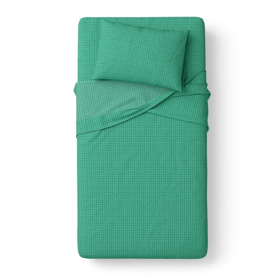 Mainstays Kids 100% Cotton Percale Bed Sheet Set, Twin, Green Grid, 3 Pieces