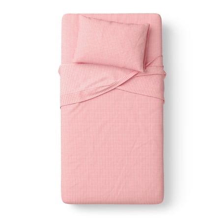 Mainstays Kids 100% Cotton Percale Bed Sheet Set, Twin, Pink Grid, 3 Pieces