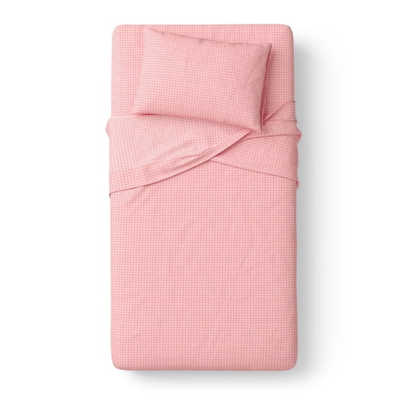 Mainstays Kids 100% Cotton Percale Bed Sheet Set, Twin, Pink Grid, 3 Pieces