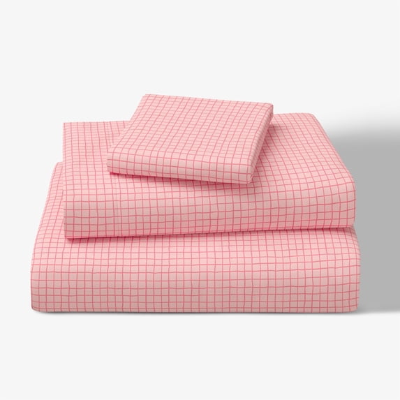 Mainstays Kids 100% Cotton Percale Bed Sheet Set, Twin, Pink Grid, 3 Pieces